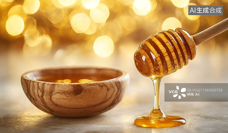 【AI数字艺术】蜂蜜从蜂巢棒滴入碗中画面图片素材