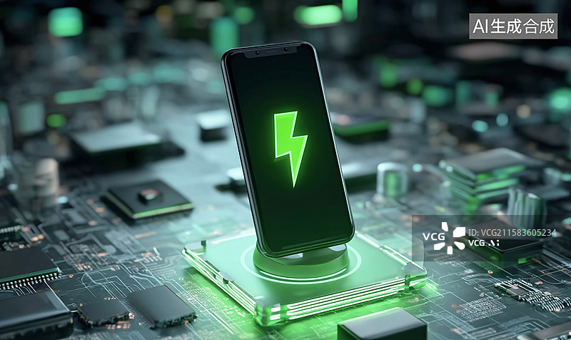 【AI数字艺术】科技场景呈现手机充电，借电路、智能与绿色能源，展现未来数码电子画面图片素材