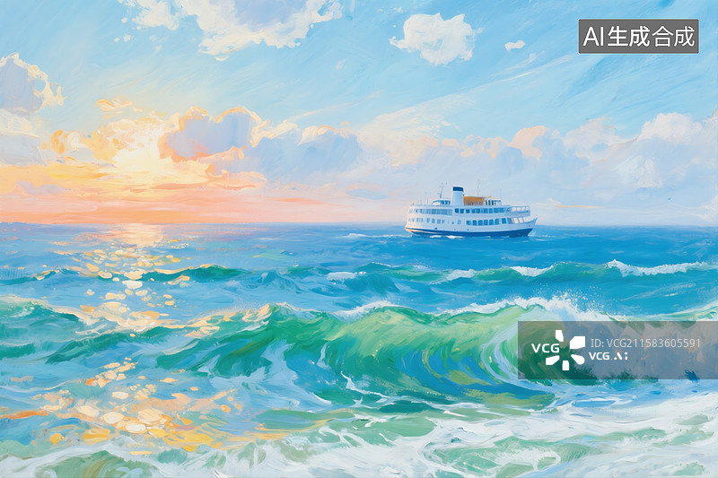 【AI数字艺术】油画，重彩，色彩饱满，蓝天白云，大海，夕阳，波光粼粼，海浪，远处海面上的白色轮船，蓝，白，绿图片素材