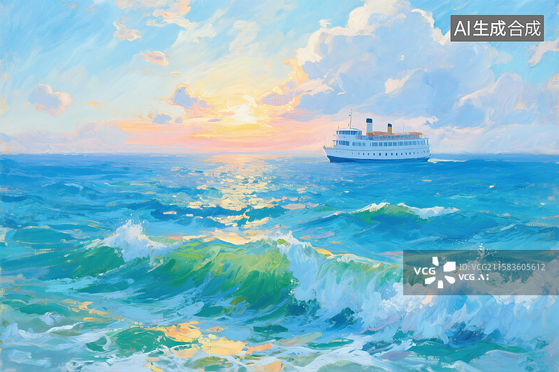 【AI数字艺术】油画，重彩，色彩饱满，蓝天白云，大海，夕阳，波光粼粼，海浪，远处海面上的白色轮船，蓝，白，绿图片素材