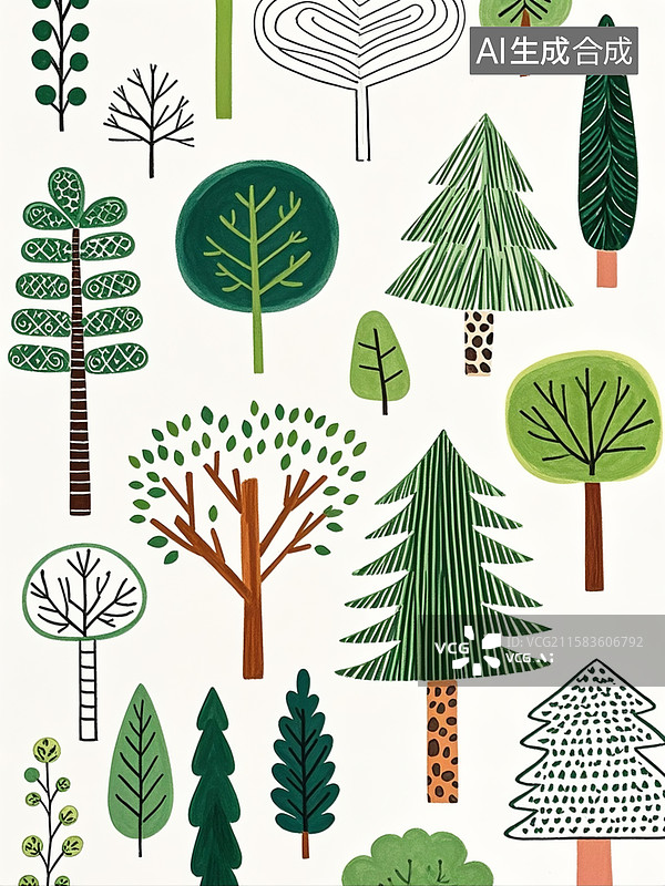 【AI数字艺术】线条插画，平铺，不同的树木，线稿，简笔画，可爱萌风格，白色背景，干净的背景图片素材