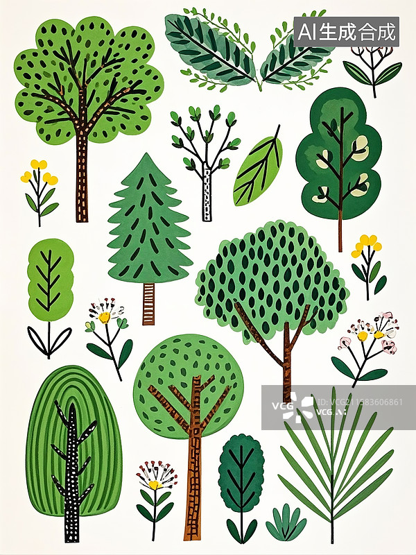 【AI数字艺术】线条插画，平铺，不同的树木，线稿，简笔画，可爱萌风格，白色背景，干净的背景图片素材