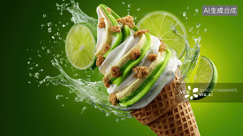 【AI数字艺术】青柠冰淇淋与飞溅水花图片素材
