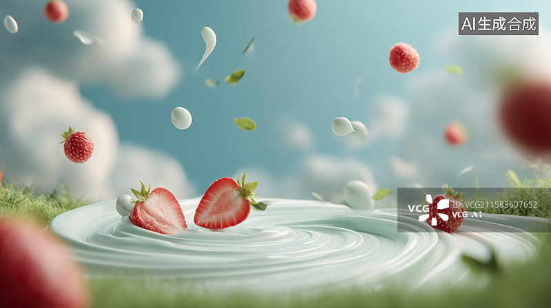 【AI数字艺术】草莓落入奶油，溅起涟漪图片素材