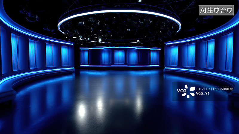 【AI数字艺术】蓝色灯光下的现代演播室图片素材