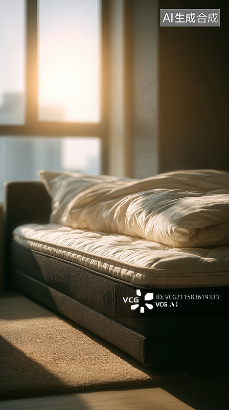 【AI数字艺术】阳光洒落的舒适床铺图片素材