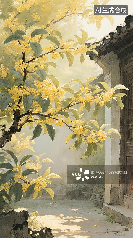 【AI数字艺术】国画风格，满枝的桂花在幽静庭院一角晕染开来，暖黄色的阳光透过枝叶洒下图片素材