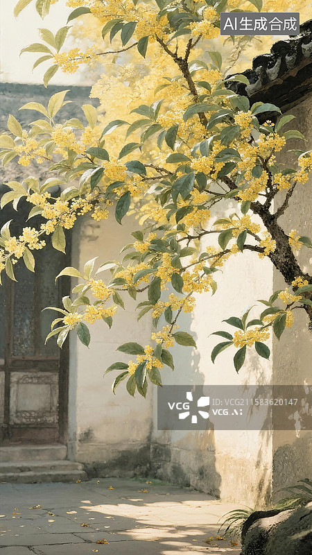 【AI数字艺术】国画风格，满枝的桂花在幽静庭院一角晕染开来，暖黄色的阳光透过枝叶洒下图片素材