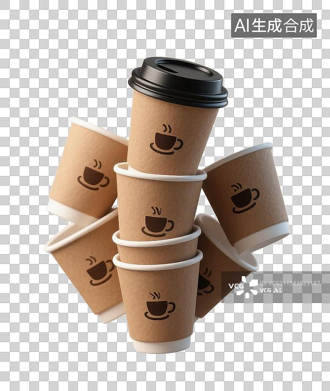 【AI数字艺术】3D三维外卖一次性咖啡杯堆叠在一起元素图片素材