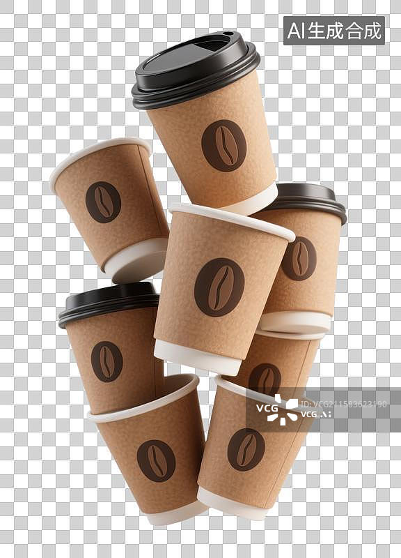 【AI数字艺术】3D三维外卖一次性咖啡杯堆叠在一起元素图片素材