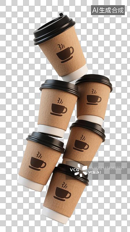【AI数字艺术】3D三维外卖一次性咖啡杯堆叠在一起元素图片素材