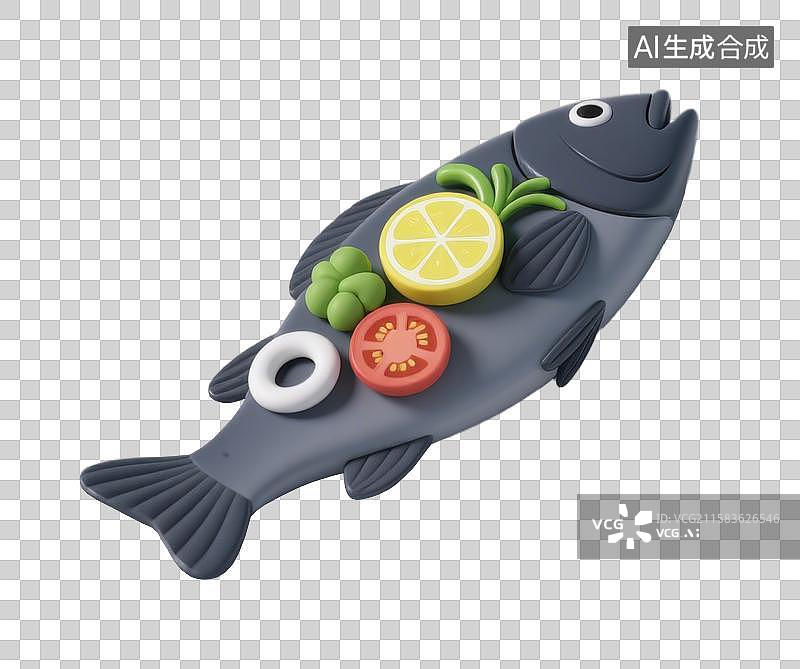 【AI数字艺术】3D三维鱼肉清蒸鲈鱼红烧鲫鱼白色盘子西红柿柠檬元素图片素材