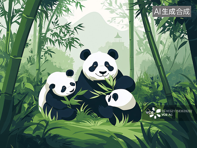 【AI数字艺术】竹林中的熊猫一家图片素材