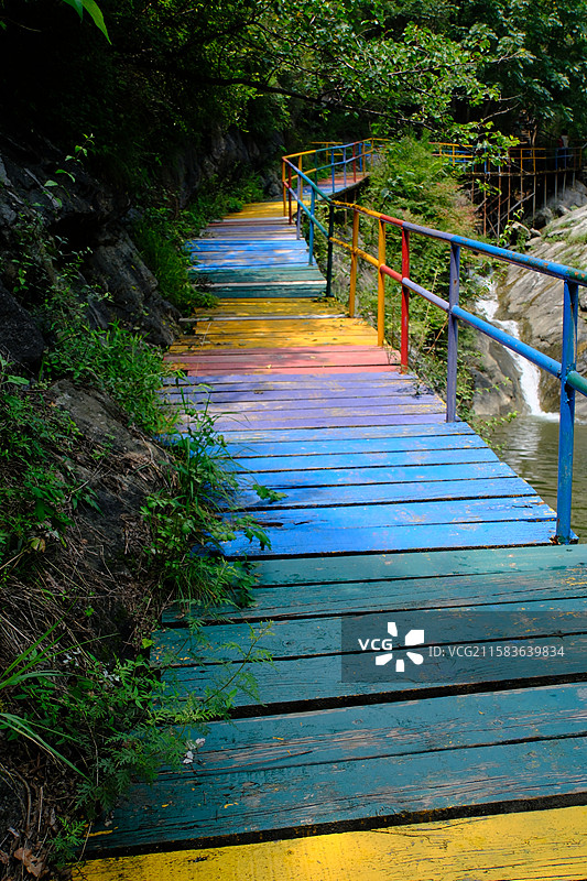 石家庄水泉溪深山高山里的彩虹桥浮桥吊桥。高清旅游风景背景图图片素材