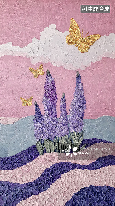 【AI数字艺术】薰衣草和蝴蝶创意抽象3d装饰插画图片素材