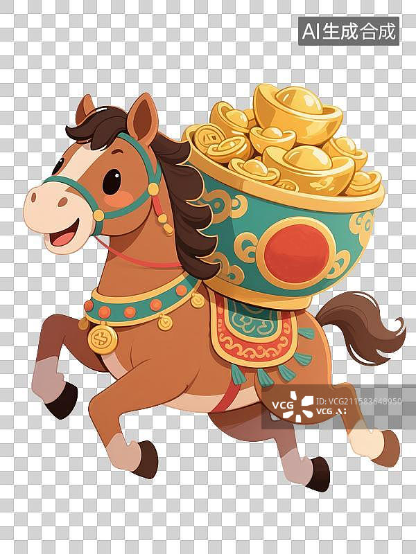 【AI数字艺术】可爱的马驮着金元宝春节喜庆插画图片素材