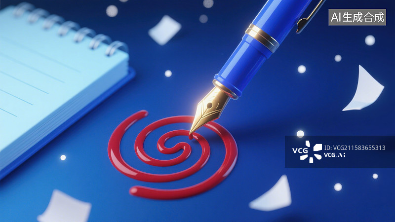 【AI数字艺术】3D三维钢笔滴墨水纸张飞舞图片素材