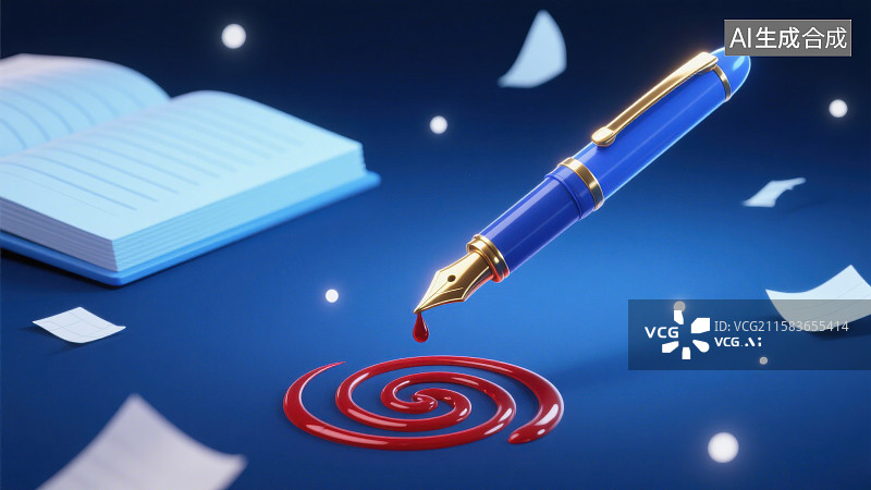 【AI数字艺术】3D三维钢笔滴墨水纸张飞舞图片素材