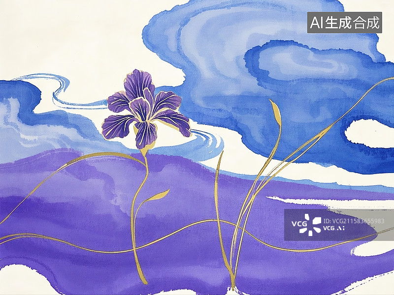 【AI数字艺术】中式写意蓝紫基调金勾鸢尾云雾图图片素材