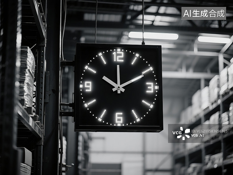 【AI数字艺术】黑白显示的巨大仓库背景电子时钟显示屏图片素材