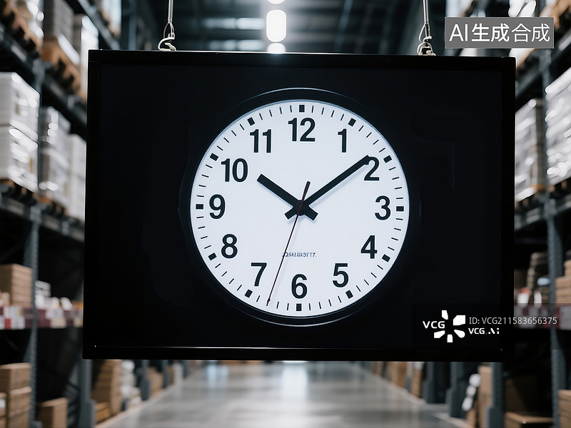 【AI数字艺术】黑白显示的巨大仓库背景电子时钟显示屏图片素材