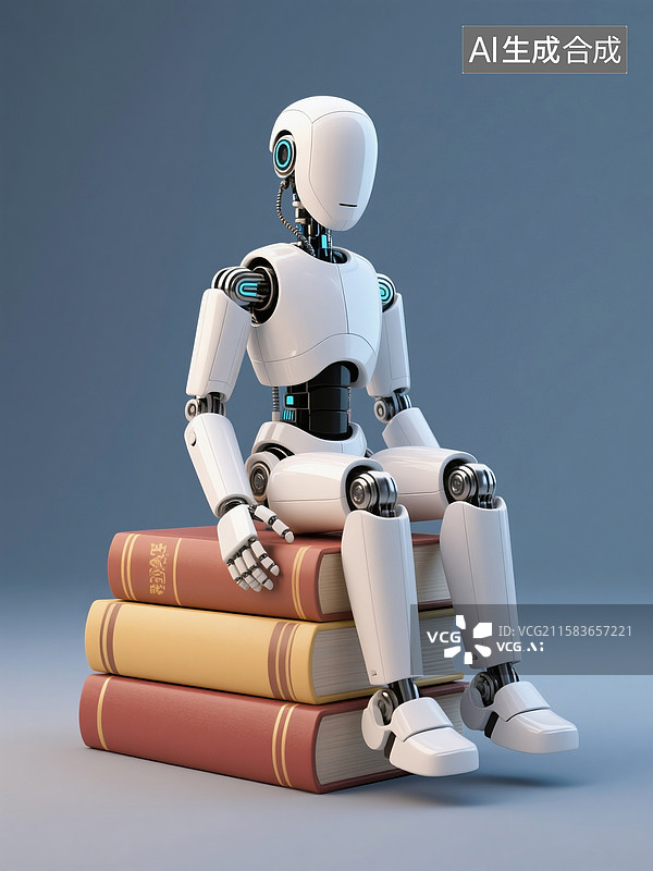 【AI数字艺术】3D渲染的坐在三本书上思考的白色圆形脑袋机器人图片素材