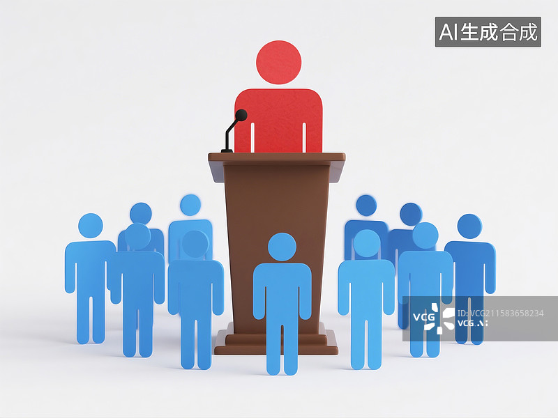 【AI数字艺术】三维空间中红色纸片人在讲台及下方蓝色纸片人的场景图片素材