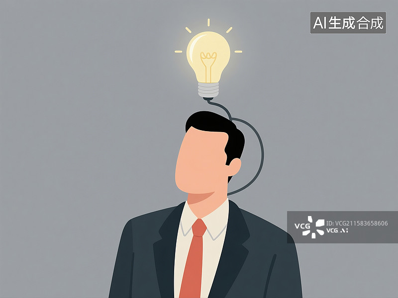 【AI数字艺术】头顶有灯泡的商务人员卡通插画灰色背景图图片素材