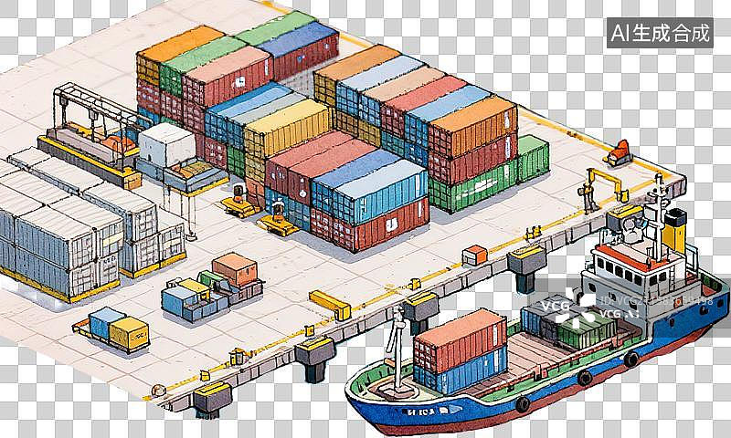 【AI数字艺术】集装箱船码头港口作业场景现代海运物流枢纽装箱装卸堆存标准化运输全球贸易 免扣素材钢笔淡彩手绘插图绘画图片素材