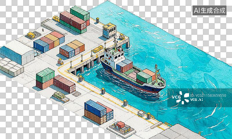 【AI数字艺术】集装箱船码头港口作业场景现代海运物流枢纽装箱装卸堆存标准化运输全球贸易 免扣素材钢笔淡彩手绘插图绘画图片素材