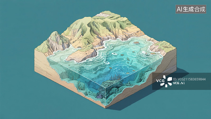 【AI数字艺术】海底世界海床地形地貌清澈见底河流海水剖面图横截面断层地理钢笔淡彩手绘科普2.5D三维立体微缩景观模型图片素材