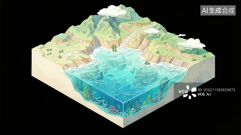【AI数字艺术】海底世界海床地形地貌清澈见底河流海水剖面图横截面断层地理钢笔淡彩手绘科普2.5D三维立体微缩景观模型图片素材