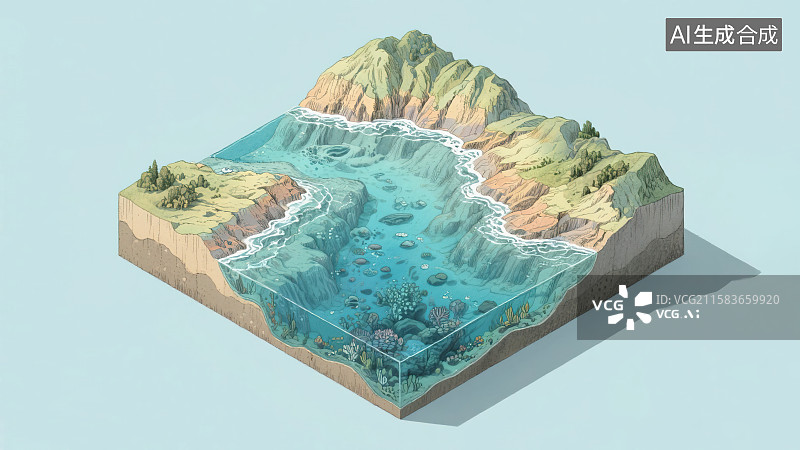 【AI数字艺术】海底世界海床地形地貌清澈见底河流海水剖面图横截面断层地理钢笔淡彩手绘科普2.5D三维立体微缩景观模型图片素材