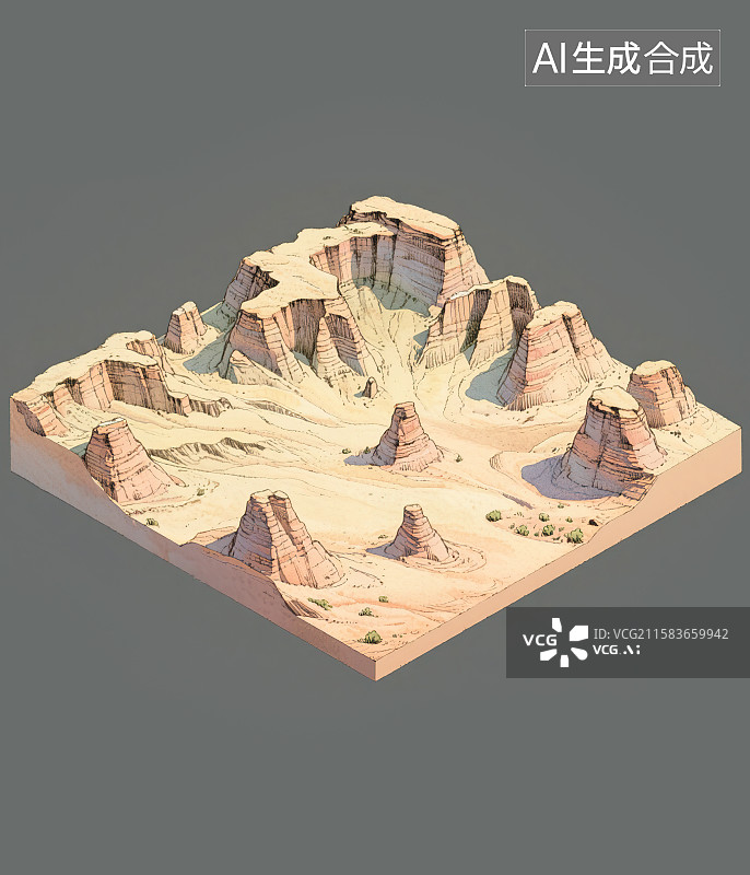 【AI数字艺术】雅丹地形风蚀性地貌剖面图横截面断层概念图自然地理钢笔淡彩水彩手绘科普2.5D三维立体微缩景观模型场景图片素材