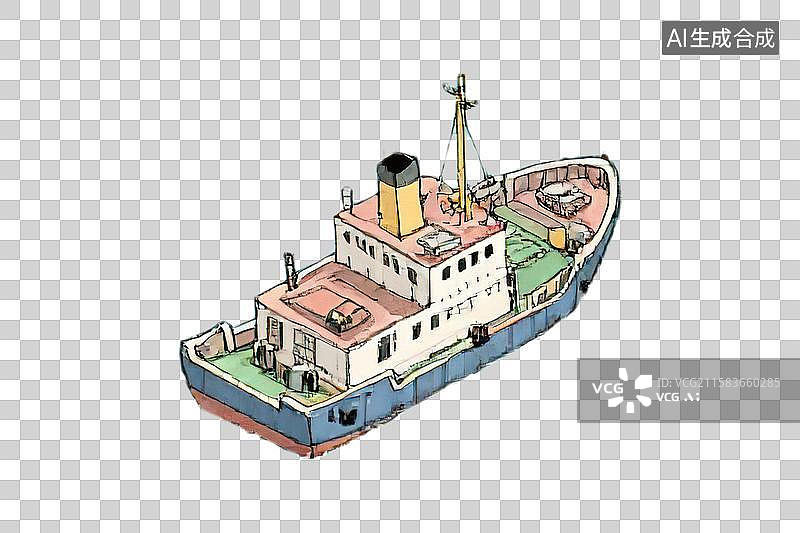 【AI数字艺术】彩色集装箱船身驾驶舱甲板插画 现代船舶跨国运输海运物流免扣元素素材标准化装卸远距离运输全球贸易货物流图片素材
