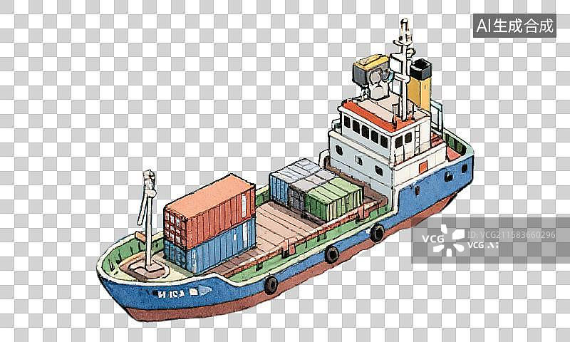 【AI数字艺术】彩色集装箱船身驾驶舱甲板插画 现代船舶跨国运输海运物流免扣元素素材标准化装卸远距离运输全球贸易货物流图片素材