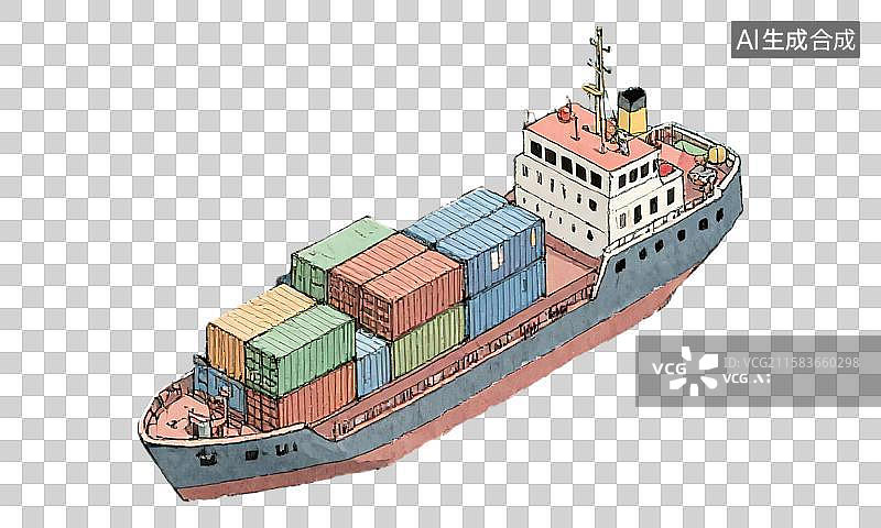 【AI数字艺术】彩色集装箱船身驾驶舱甲板插画 现代船舶跨国运输海运物流免扣元素素材标准化装卸远距离运输全球贸易货物流图片素材