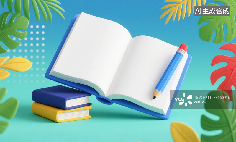 【AI数字艺术】3D三维卡通打开的书铅笔插画图片素材