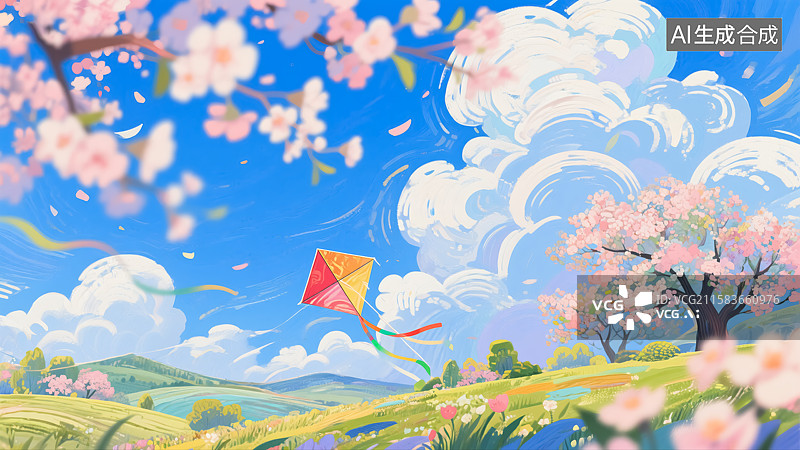 【AI数字艺术】春天公园放风筝自然风景插画图片素材