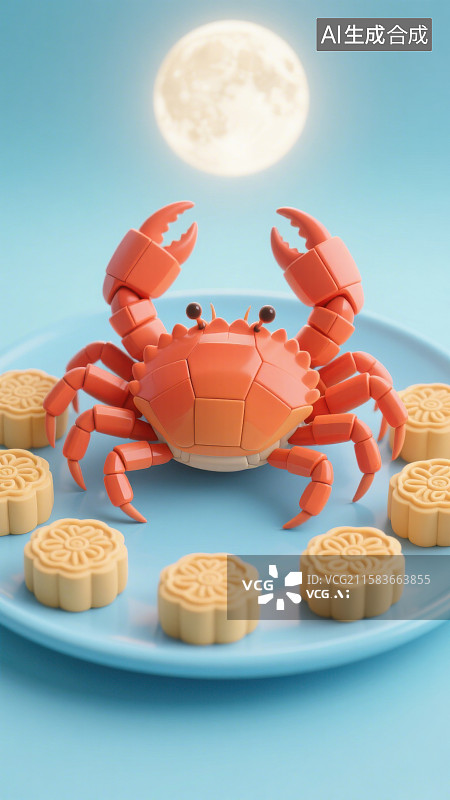 【AI数字艺术】3D三维卡通中秋节月饼大闸蟹插画图片素材