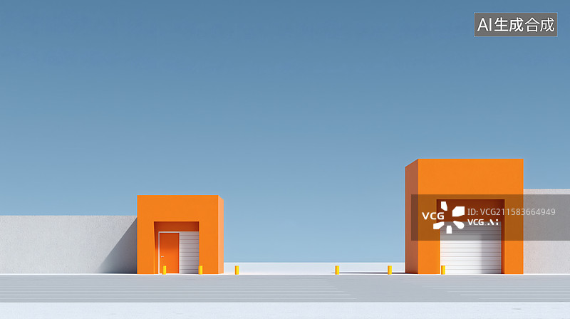 【AI数字艺术】极简主义建筑：橙色门廊在蓝天下的几何美学图片素材
