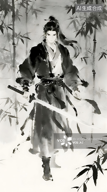 【AI数字艺术】AIGC：竹林中手握长剑的武侠人物 侠客 国风水墨画风格图片素材