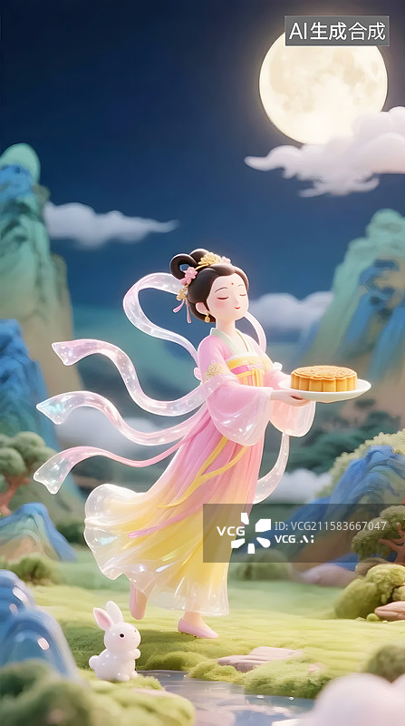 【AI数字艺术】AIGC：3D国潮风嫦娥奔月 中秋节海报背景图片素材