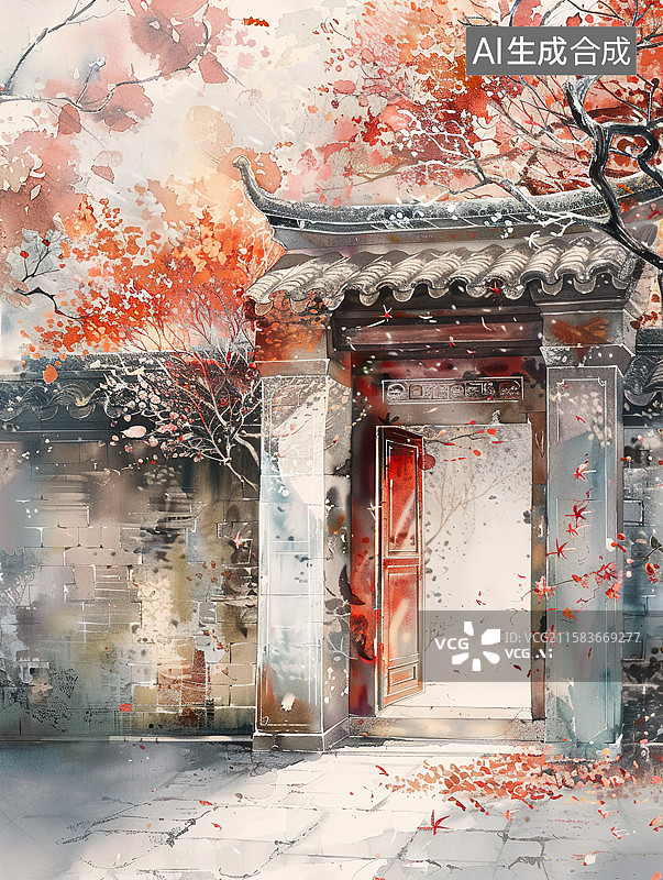 【AI数字艺术】中国传统四合院红色大门围墙水墨画图片素材