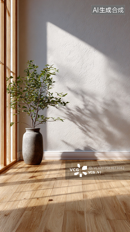 【AI数字艺术】阳光照射下带木地板的室内角落图片素材