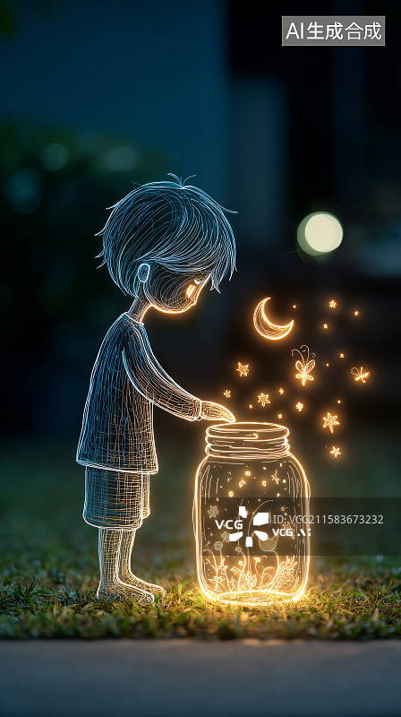 【AI数字艺术】夜晚拿着发光罐子的孩童图片素材