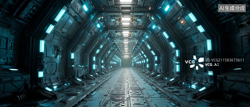 【AI数字艺术】未来感十足的宇宙飞船走廊图片素材