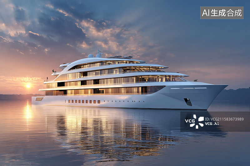【AI数字艺术】豪华白色游轮于日落时分平静海面航行图片素材