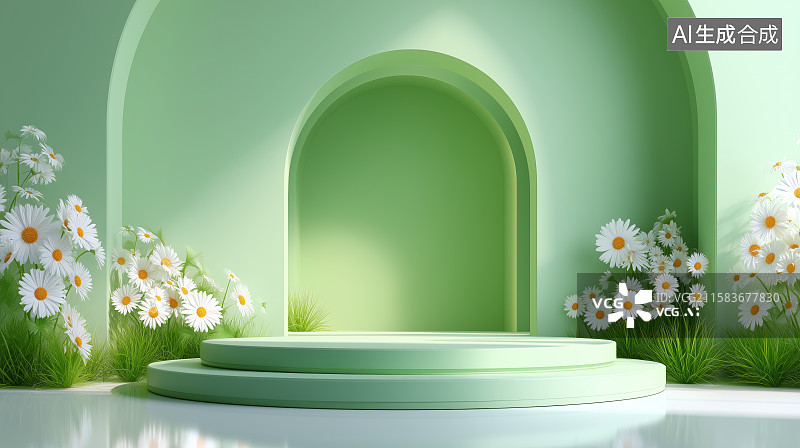【AI数字艺术】拱门背景下的花坛展示台图片素材