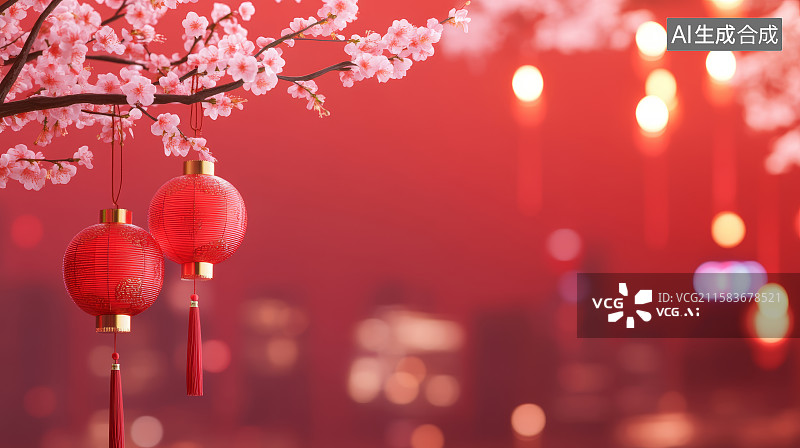 【AI数字艺术】新年红灯笼与桃花图片素材